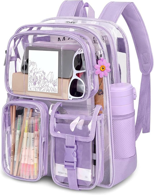 Purple Clear Backpack, Heavy Duty PVC Clear Bag for Stadium Events, Transparent Backpack with Reinforced Straps & Stitches for Girls Boys, Large Capacity Bookbag for School, Travel, College, Work