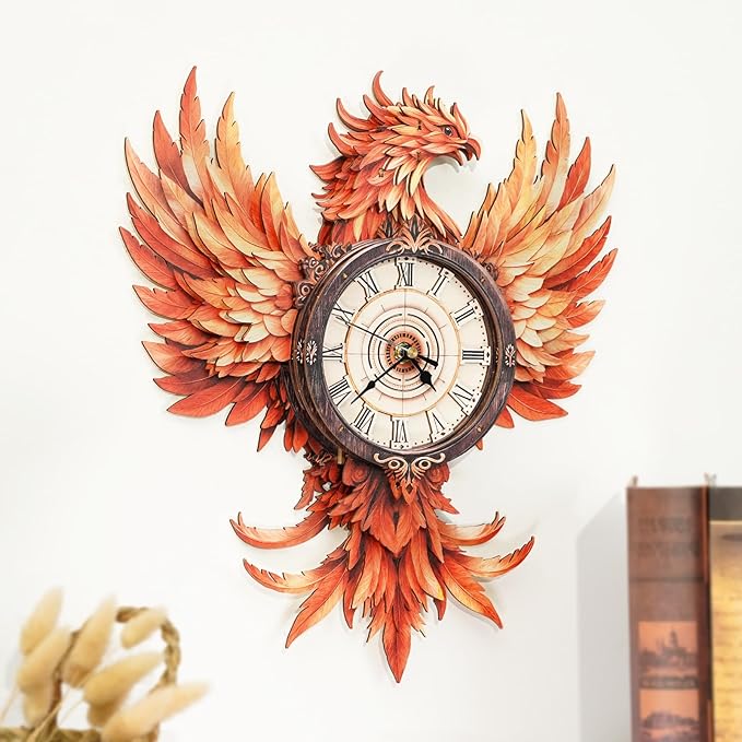 KAAYEE 3D Puzzle for Adult, Wooden Flame Phoenix Pendulum Clock Mechanical Model Kit, 33 PCS DIY Vintage Wall Clock Building Kit, Creative Craft Gift for Birthday Home Decor (Battery Not Included)