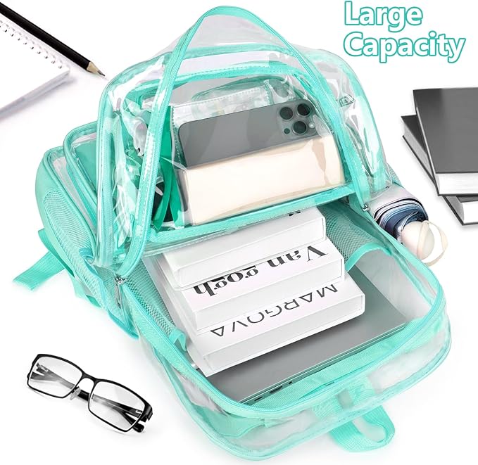 Green Clear Backpack, Heavy Duty PVC Clear Bag for Stadium Events, Transparent Backpack with Reinforced Straps & Stitches for Girls Boys, Large Capacity Bookbag for School, Travel, College, Work