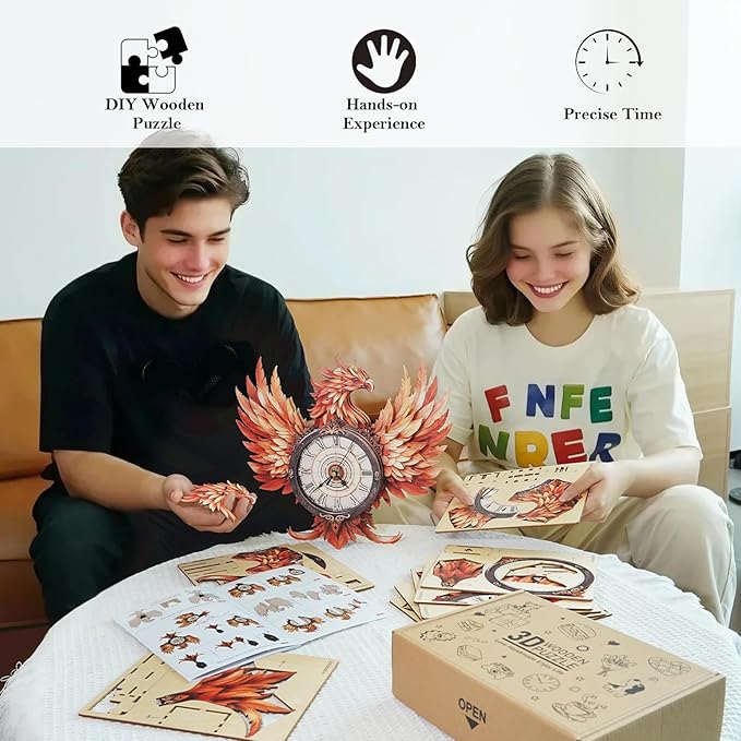 KAAYEE 3D Puzzle for Adult, Wooden Flame Phoenix Pendulum Clock Mechanical Model Kit, 33 PCS DIY Vintage Wall Clock Building Kit, Creative Craft Gift for Birthday Home Decor (Battery Not Included)