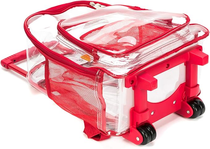 K-Cliffs Rolling Clear Backpack Heavy Duty Bookbag Quality See Through Workbag Travel Daypack Transparent School Book Bags w/Wheels Red