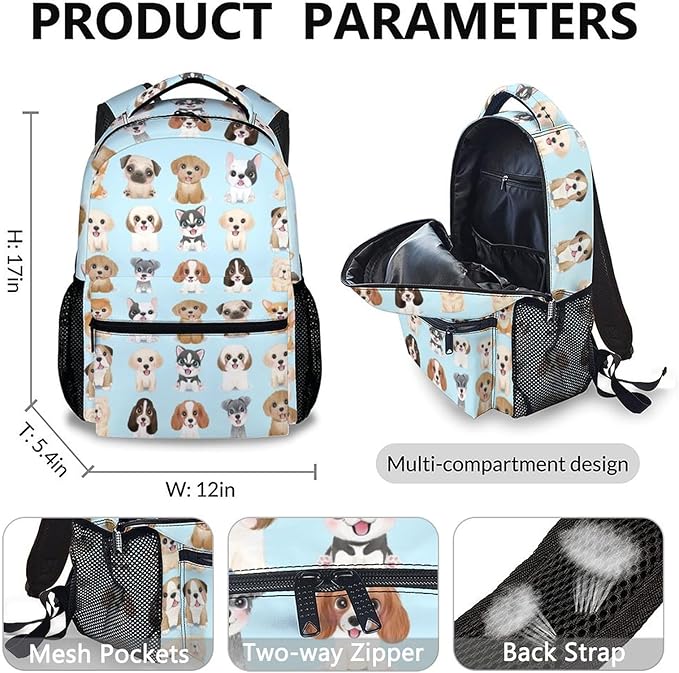 Dog Backpack with Lunch Box, Set of 3 School Backpacks Matching Combo, Cute Blue Bookbag and Pencil Case Bundle
