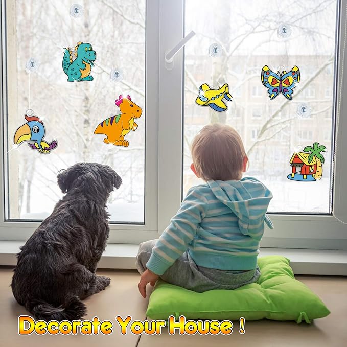 Window Paint Art, 36 Suncatchers Double Craft Kit for Kids – Children’s Make Your Own Fun Suncatcher Set Suction Cups DIY Car & Mirror Arts Crafts Children