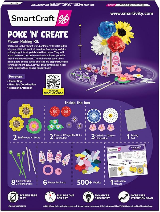 SmartCraft Art & Craft Kit - Poke Art Flower Making Kit for Kids Ages 4, 5, 6, 7, 8, 9, 10 Years Old, Create 8 Beautiful Flowers with Pot, Creative Birthday Gift for Girls & Boys, DIY Fun Activity Kit