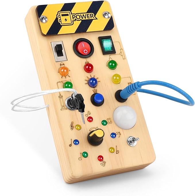 Busy Board with led Light, Sorting Sensory Travel Toys for Toddlers 1-3, Wooden Toddler Busy Board Montessori Toys for 1+ Year Old