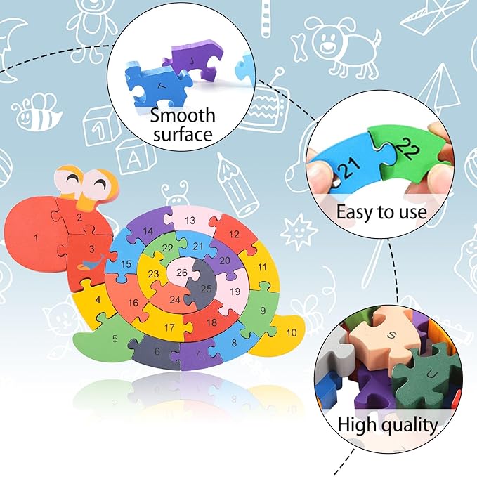 LovesTown Wooden Animal Puzzles for Toddlers, Alphabet Building Blocks for Kids, Preschool Letters and Numbers Learning Puzzle, 2 PCS