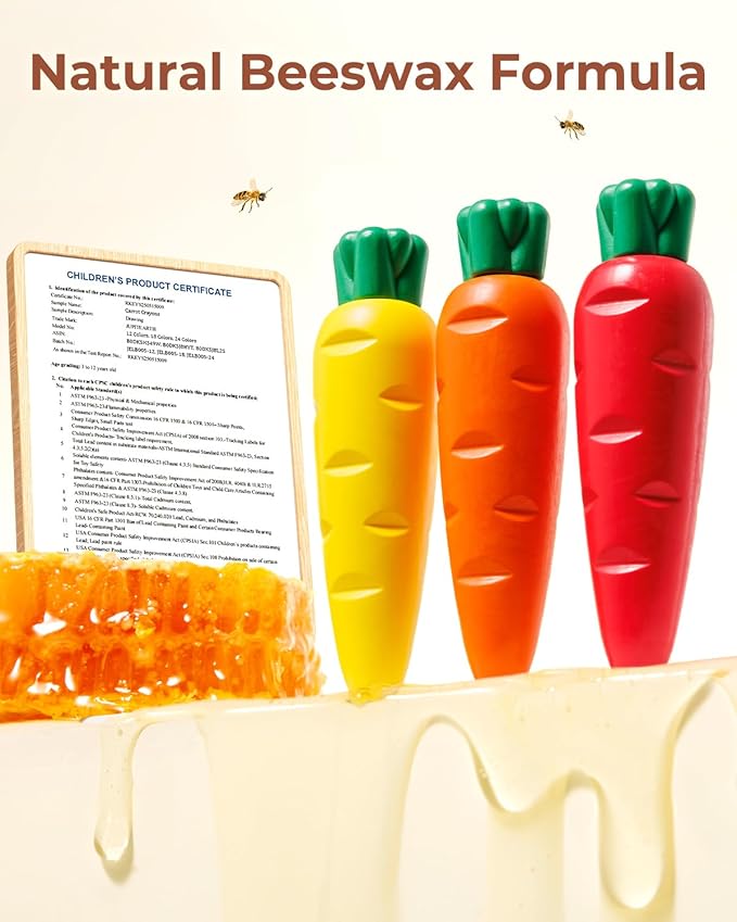 24 Colors Crayons for Toddlers 1-3, Non Toxic Beeswax Carrot-Shaped Toddler Crayons with 30-Page Coloring Book and 120 PDF Pages, Mess-Free Coloring for Kids Ages 2-4 4-8 Art Supplies Gift