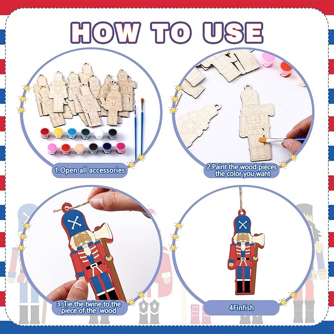 60 Pcs Wood Christmas Crafts for Kids DIY Paint Xmas Ornaments Blank Unfinished Wooden Cutouts Shapes Slices Hanging Embellishment for Christmas Tree Holiday Party Decor(Nutcracker)