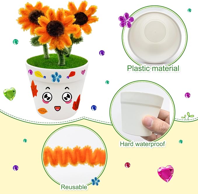 24 Set Garden Pot Craft Kit DIY Sunflower Plant Crafts Pot with Pipe Cleaners Stickers Fall Craft Kit for Fall Thanksgiving Autumn Harvest Classroom Creative DIY Art Project Bulk Painting (Flower)