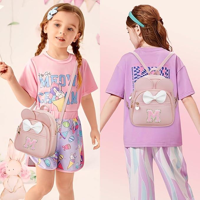 KKXIU Girls Initial Bowknot Cute Mini Backpack for Toddler, Travel Small Girl Backpacks, Personalized Trendy Stuff Gift for Little Girls and Kids(M, Pink)