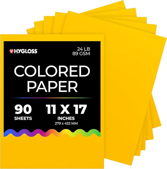 Hygloss Yellow Colored Paper - 24 lb, 89 GSM, Acid-Free, Fade-Resistant, 11x17-Inch Ledger Size Color Copy Paper, 90 Sheets