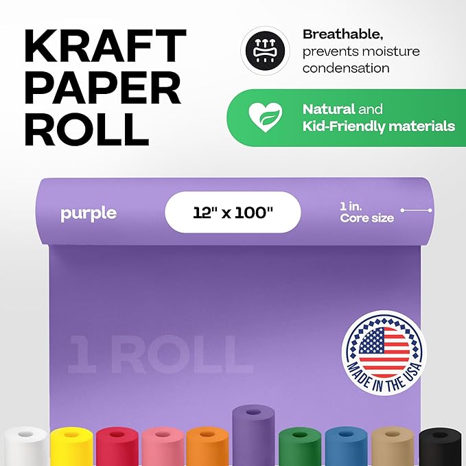 12" x 1200" (100 feet) Purple Kraft Paper Roll - USA-Made Quality Craft Paper for Gift Wrapping, Kids' Arts & Crafts, School Projects - 100% Recycled Natural Material 50lb Thickness by IDL Packaging