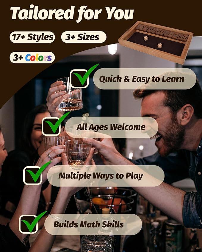 Classic Original Shut The Box Game, Math Dice Board Game for Family Night Classroom Travel, Wooden Tabletop Present for Group Kid Adult Senior, Camp Party Bar, Easy Quick and Fun, 2-4 Players