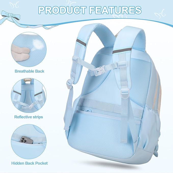 Backpack for Girls, 3PCS Girls Backpack for School with Lunch Bag Pencil Case, Cute Kids Teens Bookbag for Kindergarten Elementary Preschool Middle School (Blue)