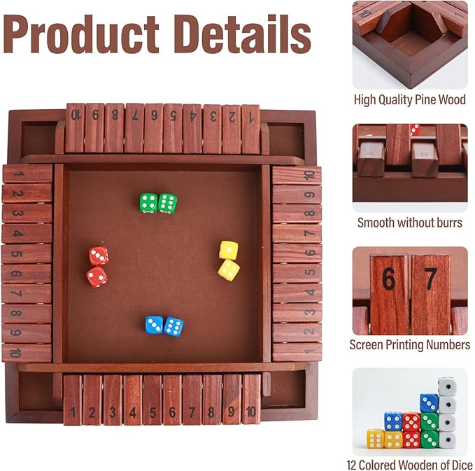 MerryPony Shut The Box Game 4 Player, Wooden Board Game with 10 Numbers, 12 Inch Close The Box Game with 12 Dice, Classic Family Dice Game for Adults, Tabletop Math Game for Pub Classroom Party