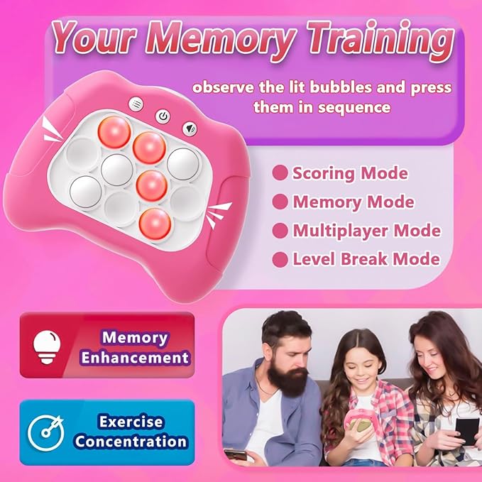 Pop Push Game Toy for Kids, Quick Fast Push Pop Puzzle Handheld Game Light up Fidget Toy 8-12, Bubble Sensory Toys Christmas Birthday Gifts for Kids Ages 3-12 (Pink)