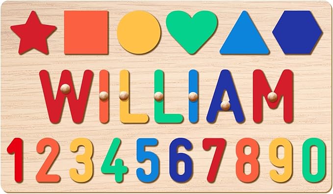 Personalized Name Puzzle - Custom Wooden Puzzle for Toddlers 1-3 - Unique Baby Shower, Christmas & 1st Birthday Gift for Boys and Girls - Keepsake Montessori Toy (Shape-Number)