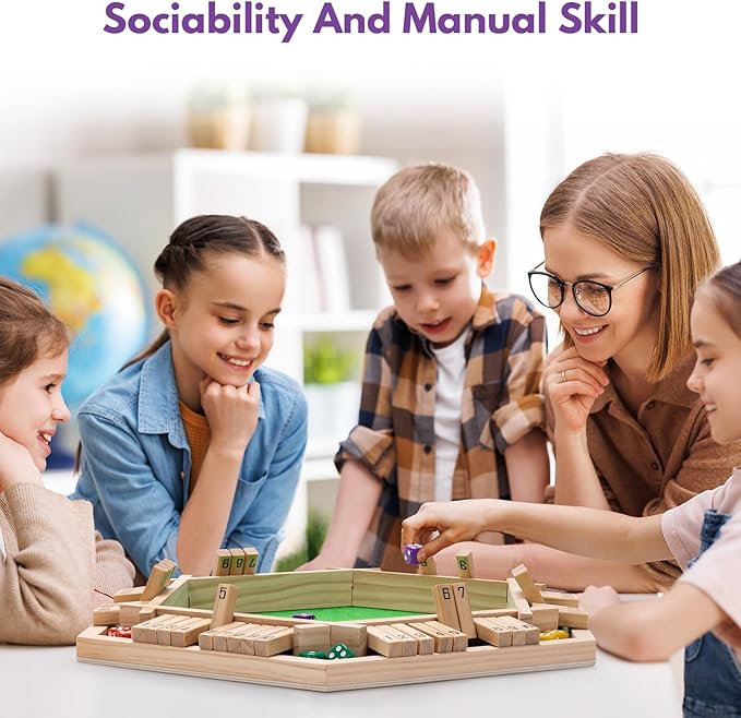 Shut The Box Dice Game - Classic Wooden Tabletop Game for 2-6 Players - Natural Wood Finish Family Board Game for Adults & Kids - Perfect for Parties, Bars, Classroom Math Learning