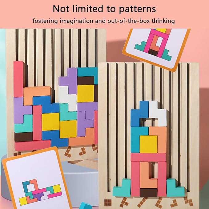 Montessori Brain Blocks, Colored 3D Wooden Russian Puzzle, Develops Logic & Spatial Reasoning, Wooden Stacking Puzzle Giant Board Game, Open-Ended Play Thinking for Boys and Girls (A)