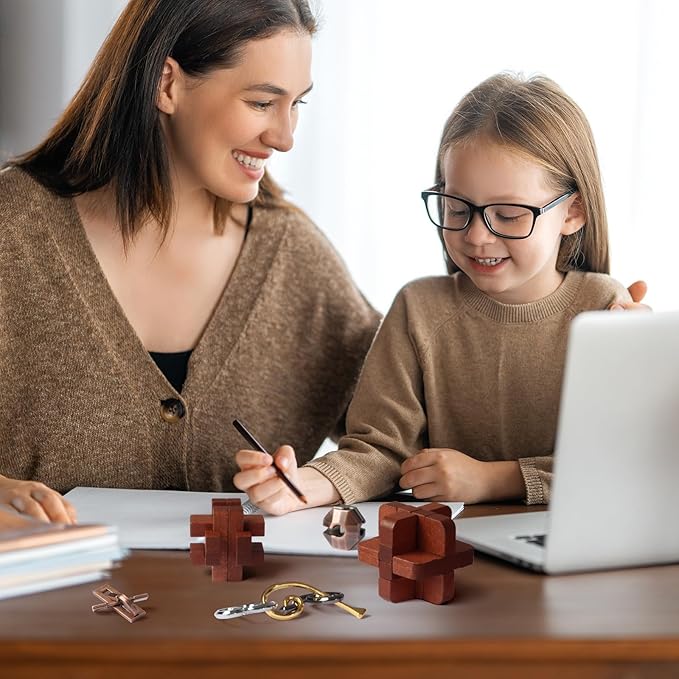 7 Pieces Cool Unlock Interlock Brain Teaser Puzzles Retro Wooden and Metal Puzzles IQ Logic Fun Puzzle Box Challenge Game