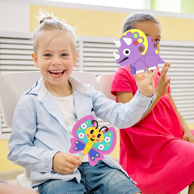 VKPI Make 6 Popstick Puppets Craft Kits for Kids, Foam Crafts, Story Time Toys for Ages 4+ Toddler, Dinosaurs, Butterfly, Preschool Projects Art Crafts, Birthday Holiday Gift