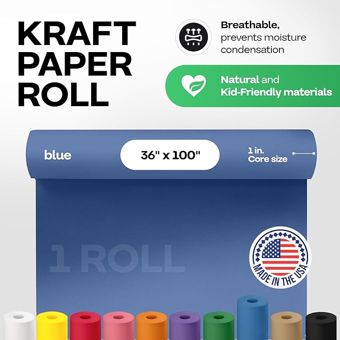 36" x 1200" (100 feet) Blue Kraft Paper Roll - USA-Made Quality Craft Paper for Gift Wrapping, Kids' Arts & Crafts, School Projects - 100% Recycled Natural Material 50lb Thickness by IDL Packaging