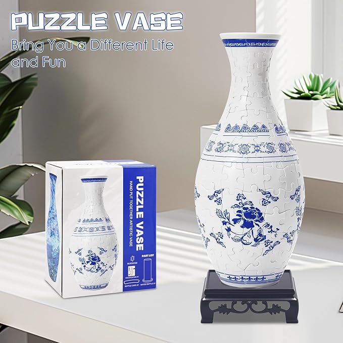 3D Puzzle Vase with LED Light - 160 Pieces DIY Flower Vase Kit for Adults, Decorative Crafts for Flower Arrangement and Home Decoration (Light Blue)