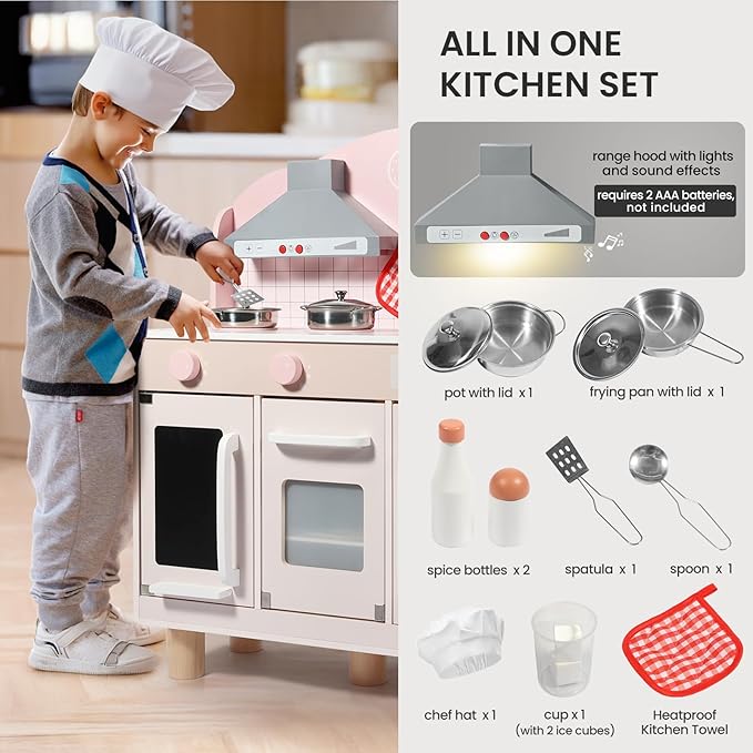 Bluewood Wooden Kids Kitchen Playset,Pretend Toy Kitchen for Toddlers Ages 1-3, with Lights, Sound, Oven, Ice Maker, Sink & Storage – Montessori Indoor Role Play Gift