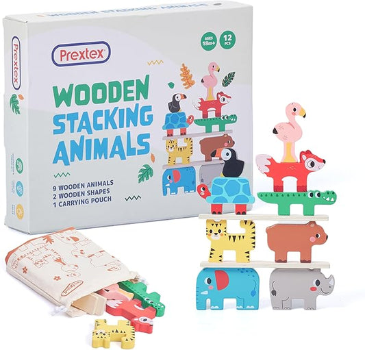 PREXTEX Wooden Stacking Toys - Montessori-Inspired Wooden Sorting Play Set - Educational Balance and Motor Skills Set, Colorful Zoo Animal with 9 Animals, 2 Boards, Carrying Pouch - Ages 18 Months+