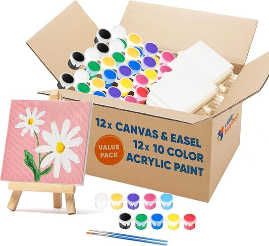 Mini Canvas and Easel Set with 10 Colors Acrylic Paint in Bulk Set of 12 - Kids Art Party Favors & Party Supplies - 4x4 Small Canvases for Painting with Mini Easel - Paint for Kids