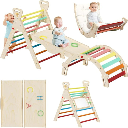 Pikler Triangle Set 7-in-1 Foldable Montessori Wooden Climbing Toys for Toddlers 1-5 Years Indoor Jungle Gym with Slide, Arch Ladder & Ramp Solid Wood Baby Activity Climber( Rainbow)