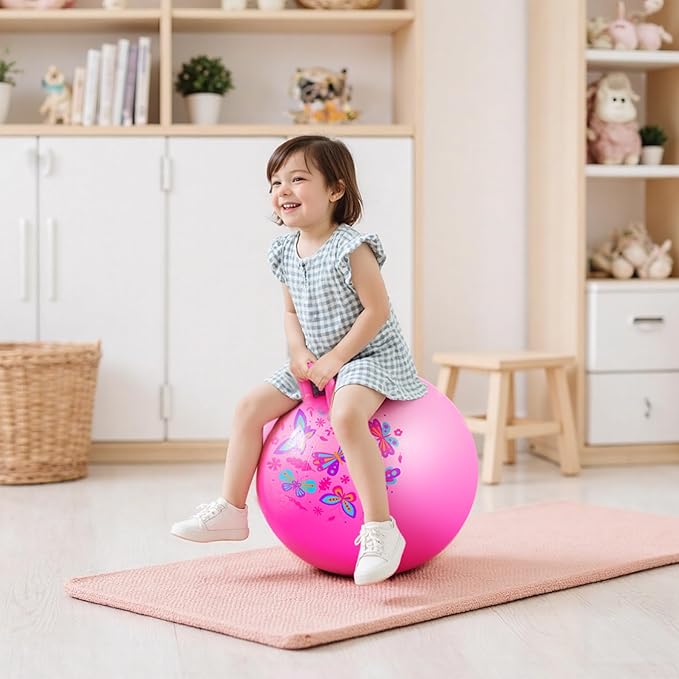 EVERICH TOY Hopper Ball, Pink Butterfly Hopping Toys for Kids, 20 Inch Bouncy Ball with Handle, Indoor Outdoor Inflatable Hoppity Hop Toy for Girls Boys Gift with Pump