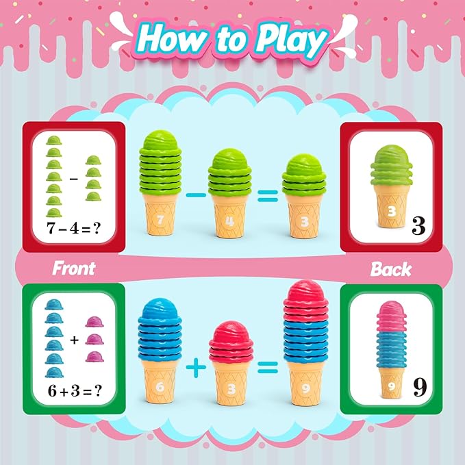 Aizweb Ice Cream Counting and Color Sorting Stacking Toys for Toddlers, Montessori Preschool Kindergarten Learning Activities,Number Math Manipulatives Math Games Educational Fine Motor Skills Toys