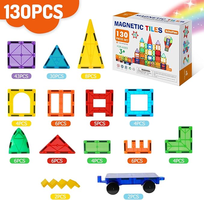 EchoPlan Magnetic Tiles, 130PCS Magnetic Blocks with 2 Cars, Magnet Tiles 3D Clear Building Blocks Set, STEM Sensory Educational Toys Gift for Toddlers Kids Boys 3 4 5 6 7 8 9+ Year Old