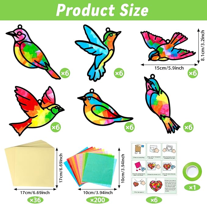 Qyeahkj 36 Set Bird Suncatchers Crafts for Kids DIY Bird Window Tissue Paper Craft Kit Animal Hanging Decor for Summer School Home Activity Art Project Birthday Party Favor Gift