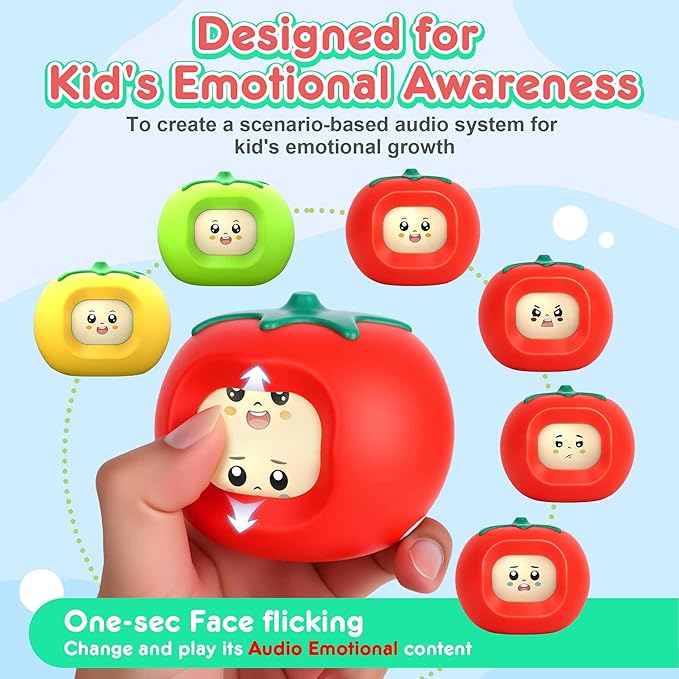 Kids Story Box Audio Player Starter with Tomato Face-Changing, Early Emotional Education Toy & Storyteller, Preloaded 200+ Stories/Music, Bluetooth, Birthday Gift for Boys Girls-Red