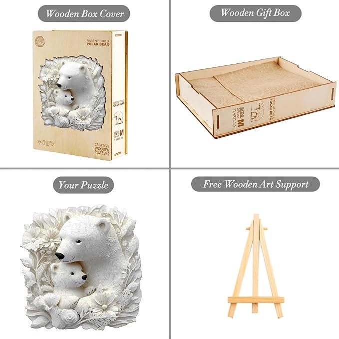 KAAYEE Wooden Puzzles for Adults, 3D Vision Effect Polar Bear Family Wooden Jigsaw Puzzle Unique Shape Wood Puzzle Adult, 3D Effect Flat Puzzle Birthday Family Game (M-11.4 * 11.1 in-200pcs)