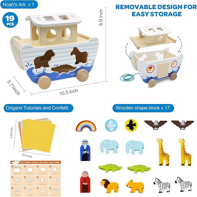 Noah's Ark Wooden Toy Set, Educational Wooden Animal Toys for Toddlers, Montessori Shape Sorter Educational Toys, Bible Story Engagement & Perfect Baptism, Christening Gift for 2-4 Y
