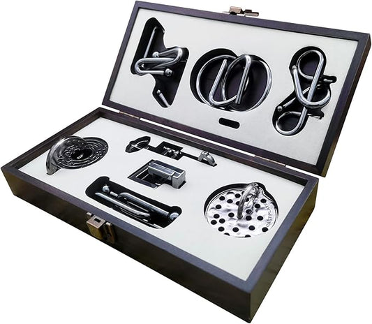 8-Piece 3D Metal Puzzle Box & IQ Test Kit | Brain Challenge w/Wooden Case | Enhance Focus & Hand-Eye Coordination | Sleek Black Geometric Puzzle for Adults & Teens