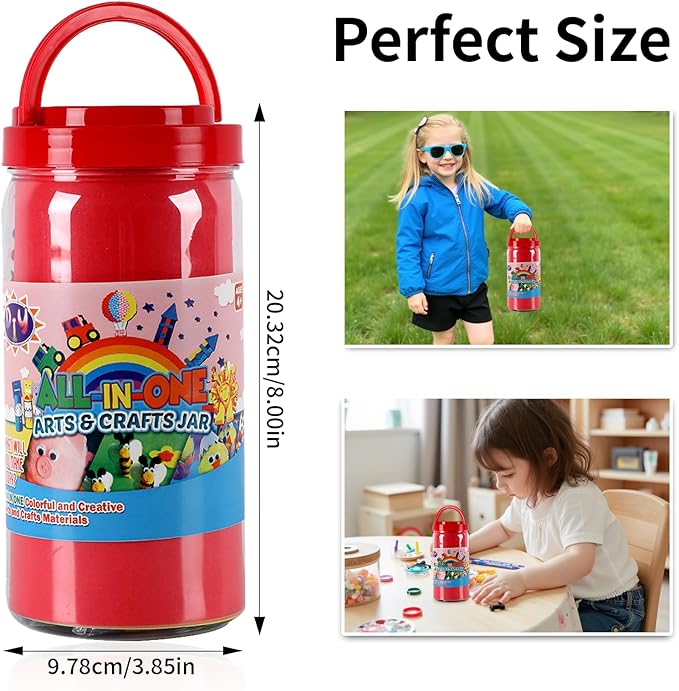 Qukou Arts and Crafts Supplies Kit for Kids- 550+ DIY Art Kit with Glitter Glue, Gem Stickers, Pompoms & Tools in Storage Jar Portable Travel Crafts for Ages 4+ Birthday, Christmas (Art Deco)
