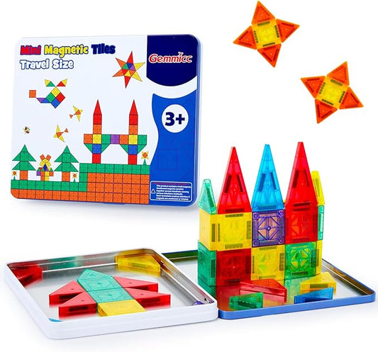 Gemmicc 58 PCS Mini Magnetic Tiles, Travel Magnet Construction Toys with Metal Storage Box, Sensory Montessori Toys for Boys Girls