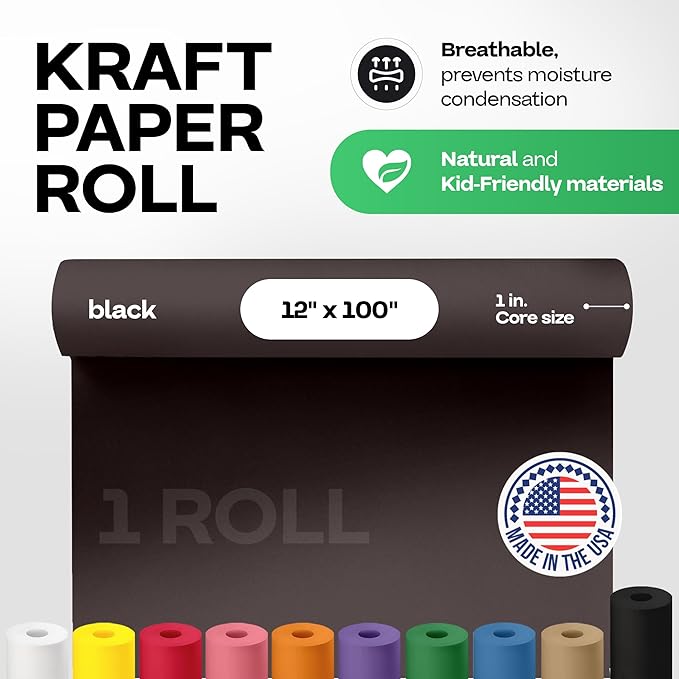 12" x 1200" (100 feet) Black Kraft Paper Roll - USA-Made Quality Craft Paper for Gift Wrapping, Kids' Arts & Crafts, School Projects - 100% Recycled Natural Material 50lb Thickness by IDL Packaging