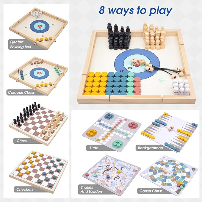 Eggsnow 8-in-1 Wooden Board Game Set for Kids Adults, Tabletop Combo Classic Travel Portable Board Games Collection with Chess, Checkers, Backgammon, Ludo, Snakes and Ladders & More