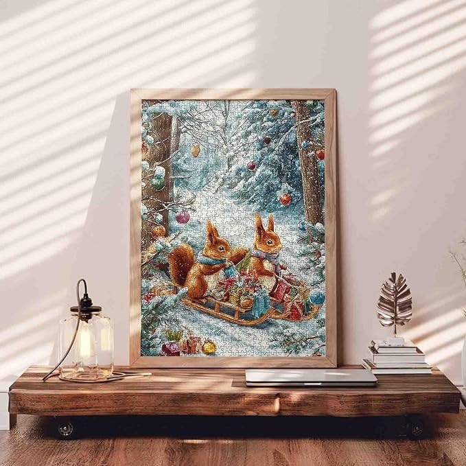 Christmas Day 1000 Piece Jigsaw Puzzles for Adults Squirrel Delivery Gift Scene Painting Jigsaw Puzzle 1000 Winter Wonderland Puzzles 20''x27”inch DIY Craft Puzzle Art Wall Decor Family Challenging