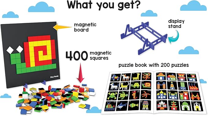 Magnetic Tangram Puzzles Toys for Kids | 400 Magnet Squares Shapes with 200 Patterns Booklet, Board & Display Stand | STEM Educational and Learning Games for Ages 4 5 6+ Years|Gifts for Girls & Boys