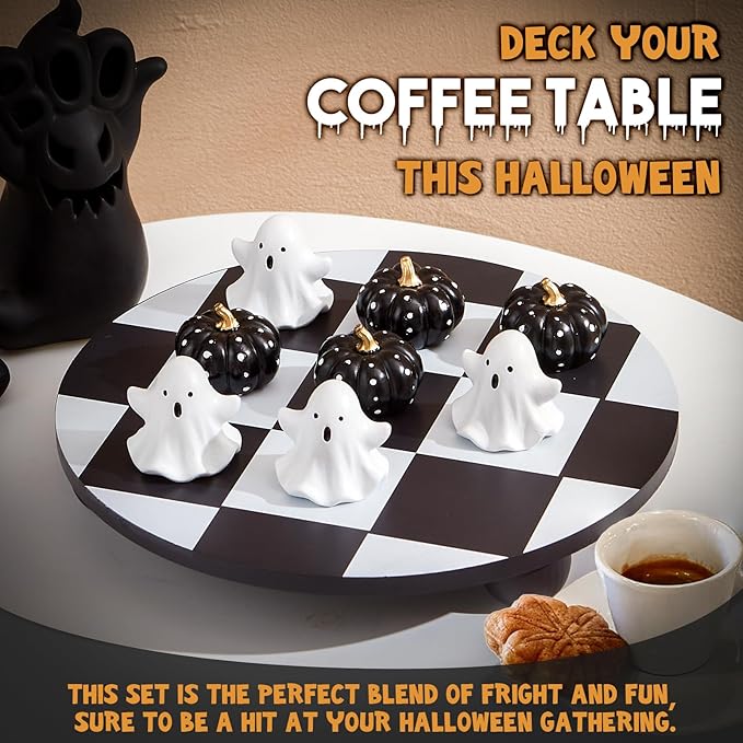 WDS WONDROUS Halloween Decor Tic Tac Toe Game Set with Cute 3D Resin Pumpkin&Ghost Pieces, 9.88" Round Wood Checker Board, Fun Coffee Table Decoration, Indoor Home Decor for Party, Gift,Black&White