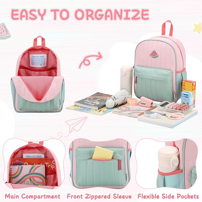 VASCHY Toddler Girls Backpack, Kids' Small Lightweight Quilted Color-blocked Bookbag School Backpack for Kindergarten Children Light Pink Green