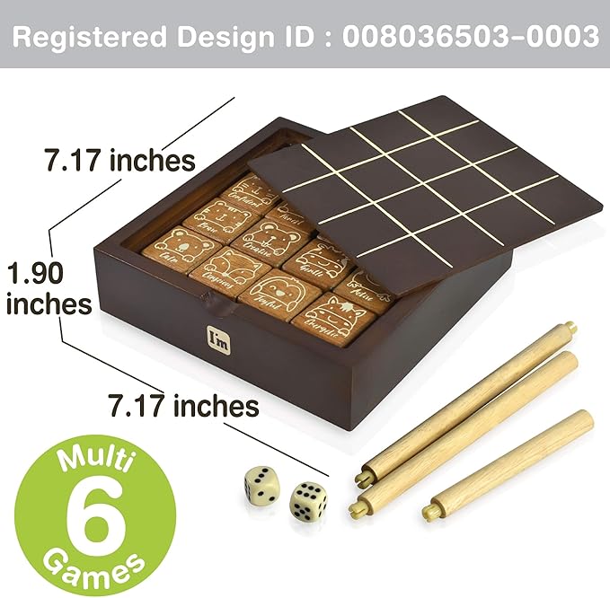 Super SIX : Wooden Multi Board Game: Tic Tac Toe + Shut The Block + 15 Number Sliding Puzzles for Kids and Family