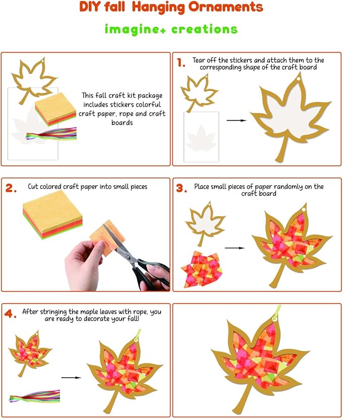 Zliisang 24PCS Make You Own Fall Crafts Kit Bulk Maple Leaf Paper Suncatchers DIY Kit for Autumn Thanksgiving Classroom Activities Decorations Window Stained Glass Effect Art Supplies