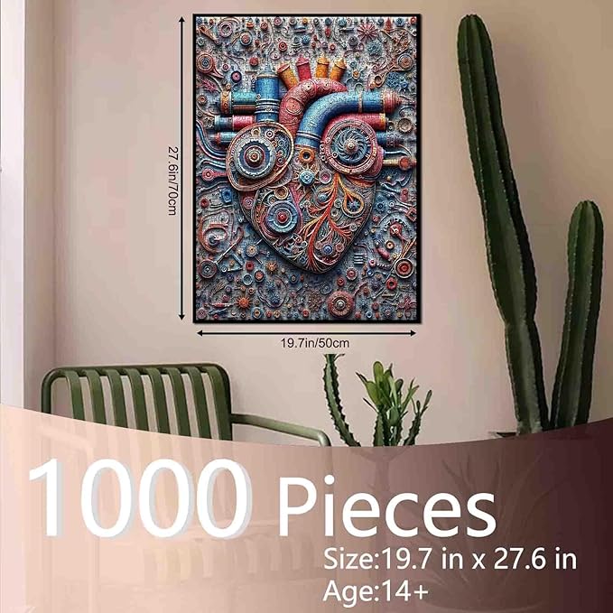 Mechanical Heart 1000 Piece Jigsaw Puzzles for Adult Steampunk Style Heart Painting Jigsaw Puzzle Human Anatomy 1000 Pieces Puzzles Game Wall Decor Body Organ DIY Craft Puzzle Art Biology Gift(Red)